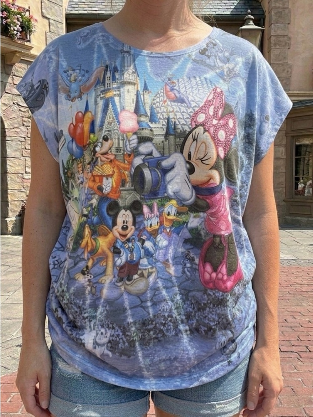 Disney Parks Blue Heathered Dolman Cap Sleeve Top Minnie Camera Castle S EUC AOP